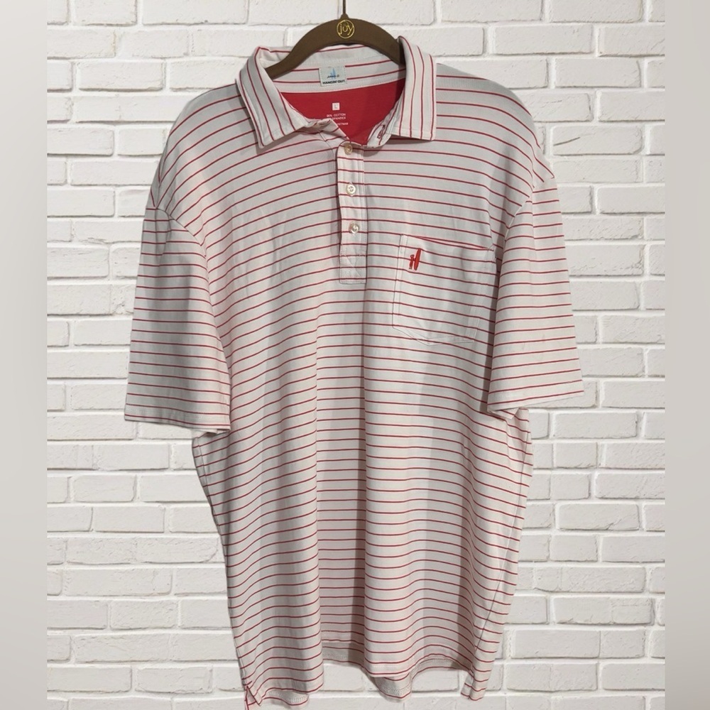 Johnnie-O Hangin’ Out Polo Shirt Size L Red White Striped Stretch Cotton